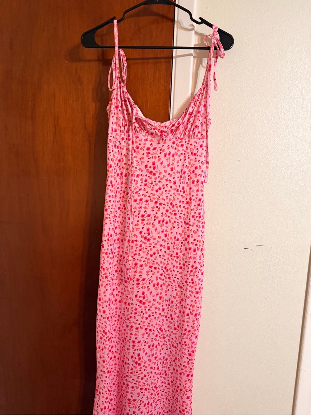 Pink Tie-Strap Maxi Dress with Red Floral Print
